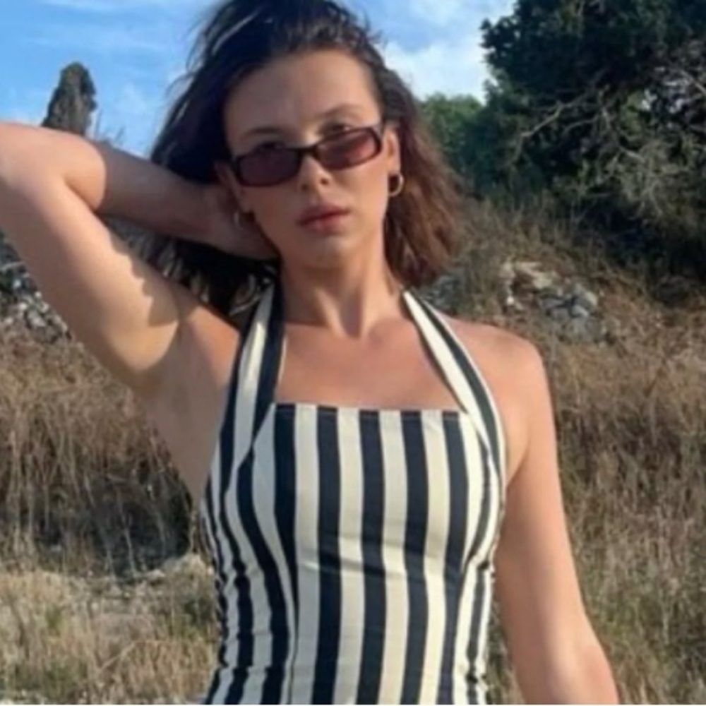 ASOS Black and Cream Striped Backless Dress - Picture 3 of 6